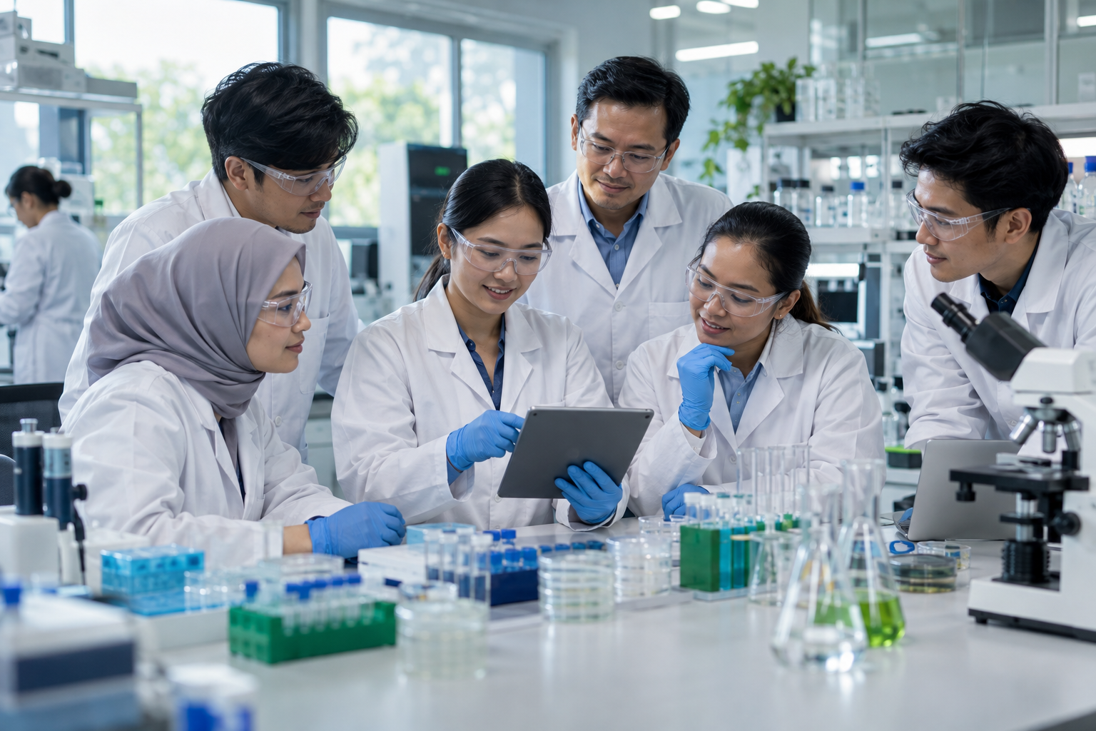 Biotechnology researchers collaborating in a laboratory
